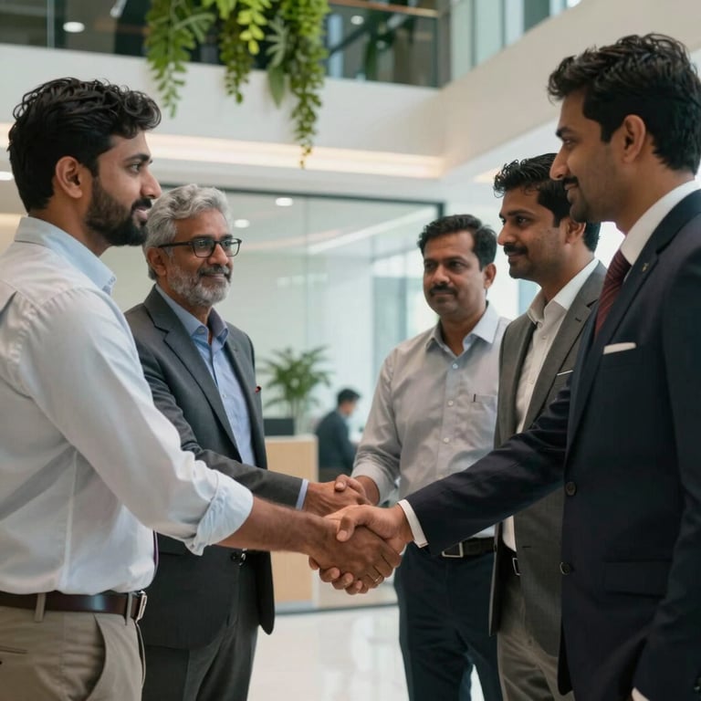 A group of South Asian / Bangladeshi professionals shaking hands in a bright, modern Dhaka office lobby with seaweed green accents.