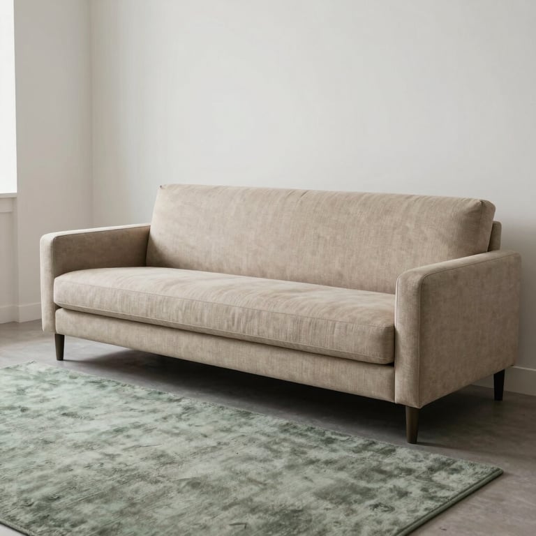 A low-profile beige upholstered sofa in a minimalist living room with white walls and a muted green area rug.