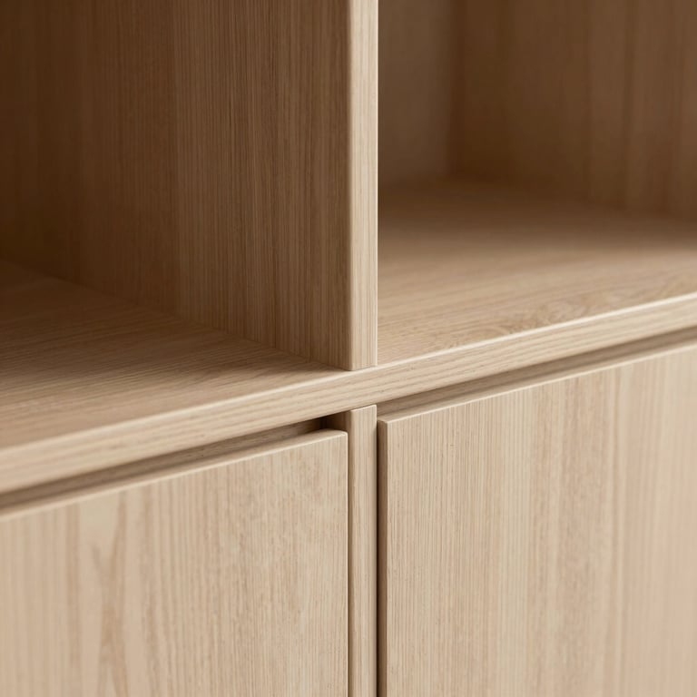 Detailed shot of light-colored wood joinery on a bespoke cabinet, emphasizing clean Scandinavian lines.
