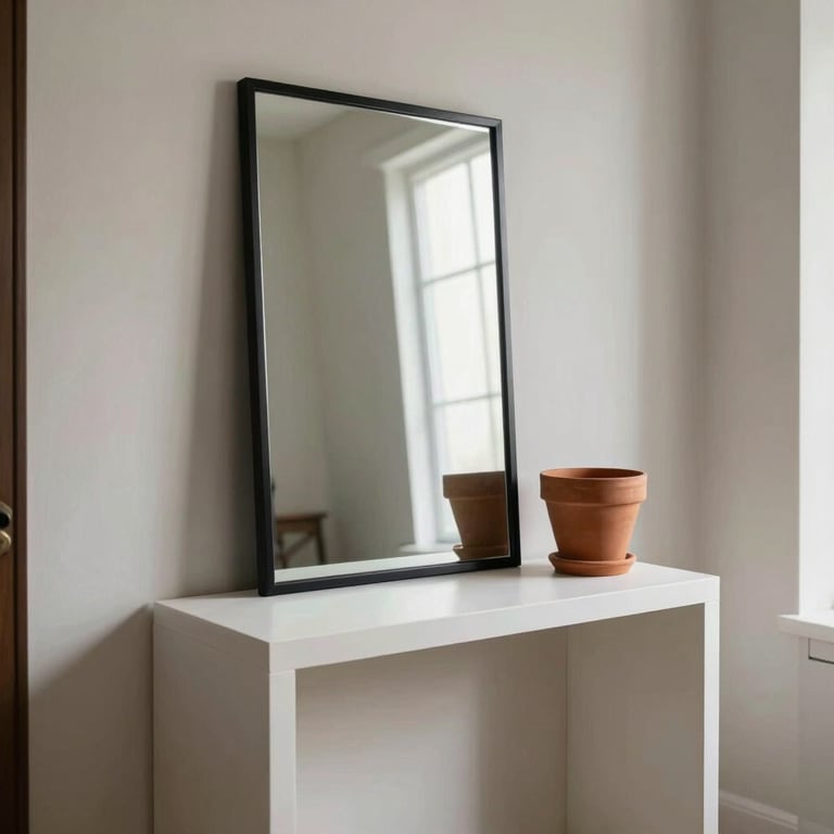 A minimalist entryway with a white console table, a single black framed mirror, and a terracotta planter.