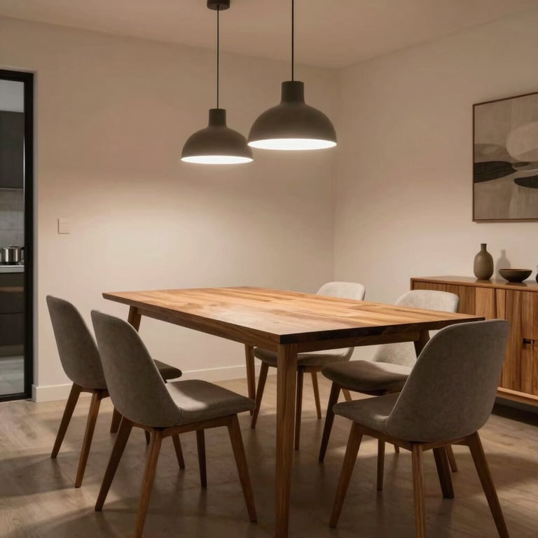 An airy dining space featuring a sleek wooden table and minimalist chairs under soft pendant lighting in a South Asian home.