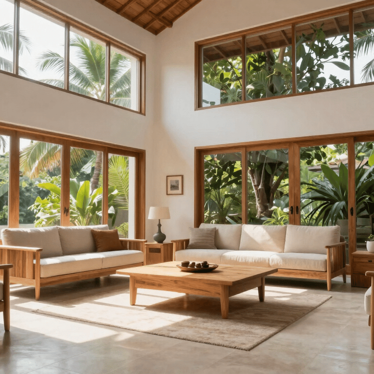 Detail of a minimalist dining chair crafted from light teak wood and natural cane, showcasing premium local craftsmanship in a bright room.