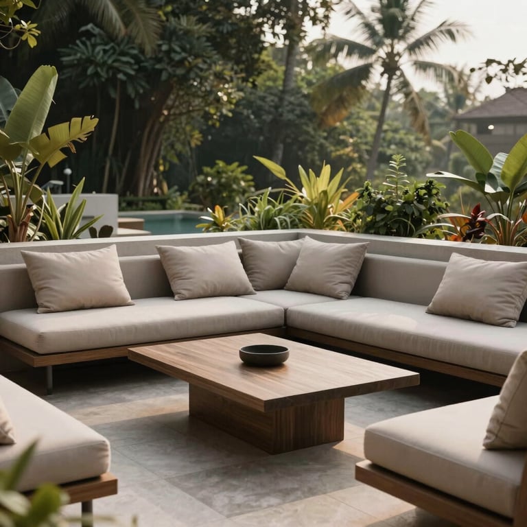 A wide view of a modern Kerala terrace converted into a minimalist outdoor lounge with comfortable beige cushions.