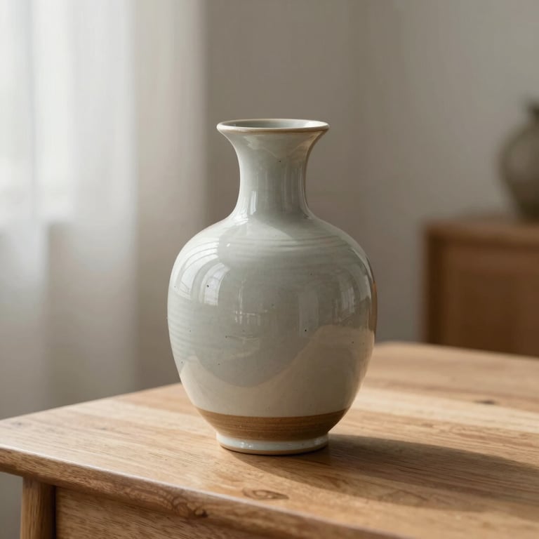 Close-up of a handmade ceramic vase sitting on a light-colored wooden side table with soft natural lighting.