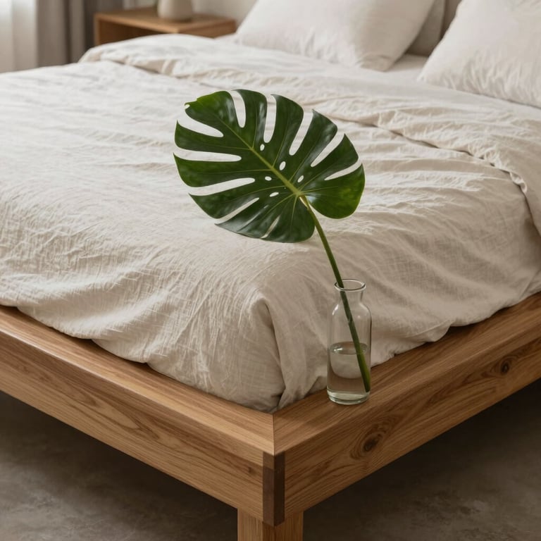 A serene bedroom scene with an oak platform bed, off-white linen sheets, and a single tropical leaf in a glass vase.