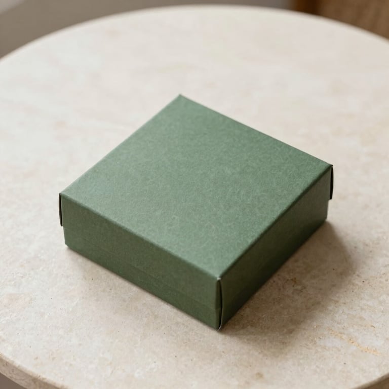 Overhead flat-lay of a discreet, unmarked forest green box on a clean light stone tabletop, soft diffused daylight, gentle shadows.