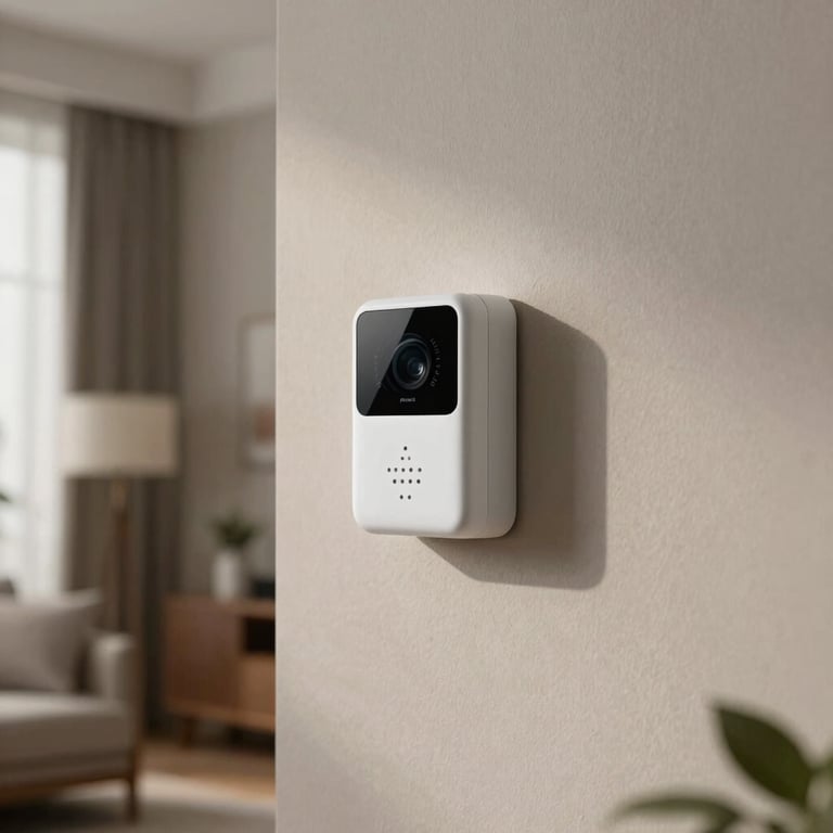 A motion sensor discreetly installed in the corner of a contemporary living room with neutral decor.
