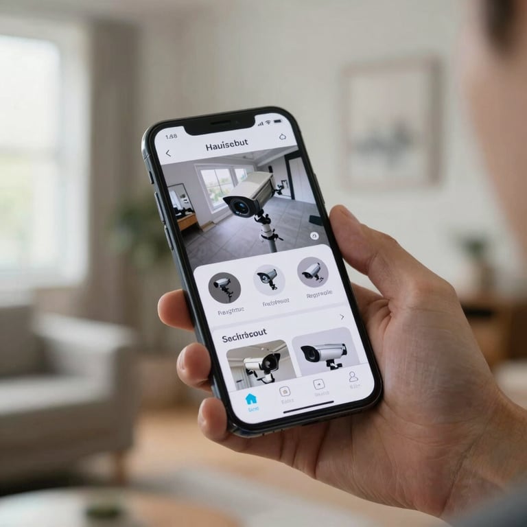A person's hand holding a smartphone in a bright UK home, showing a secure app with live security camera footage.
