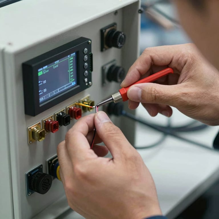 A close-up of a technician's hands carefully wiring a digital security control panel with precision tools.