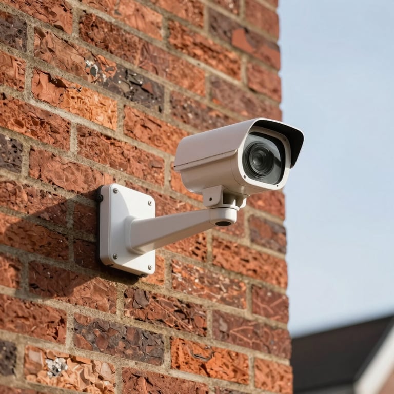 A high-definition turret-style CCTV camera installed on a brick exterior of a UK property under a clear sky.