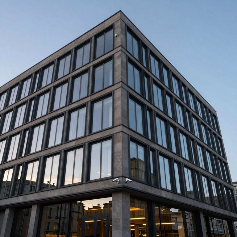 The exterior of a modern European office building at dusk, featuring well-placed security cameras and subtle exterior lighting.
