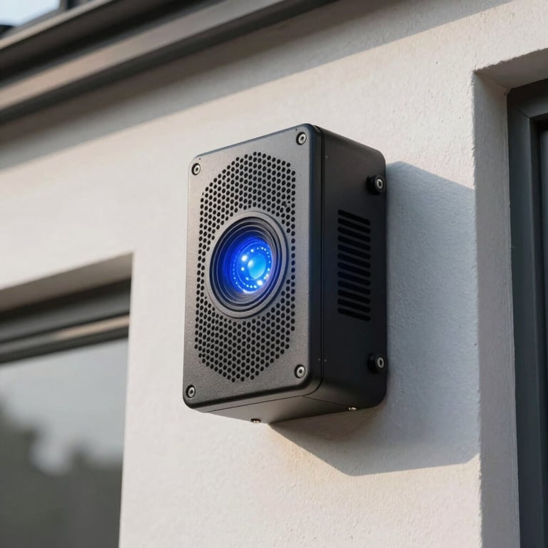 A professional grade external alarm sounder box with a blue flashing LED light, mounted high on a modern house facade.
