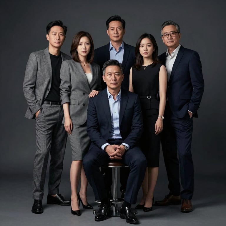 An editorial group portrait of five people arranged at varying heights and angles, sophisticated styling, directional studio lighting, dark background.