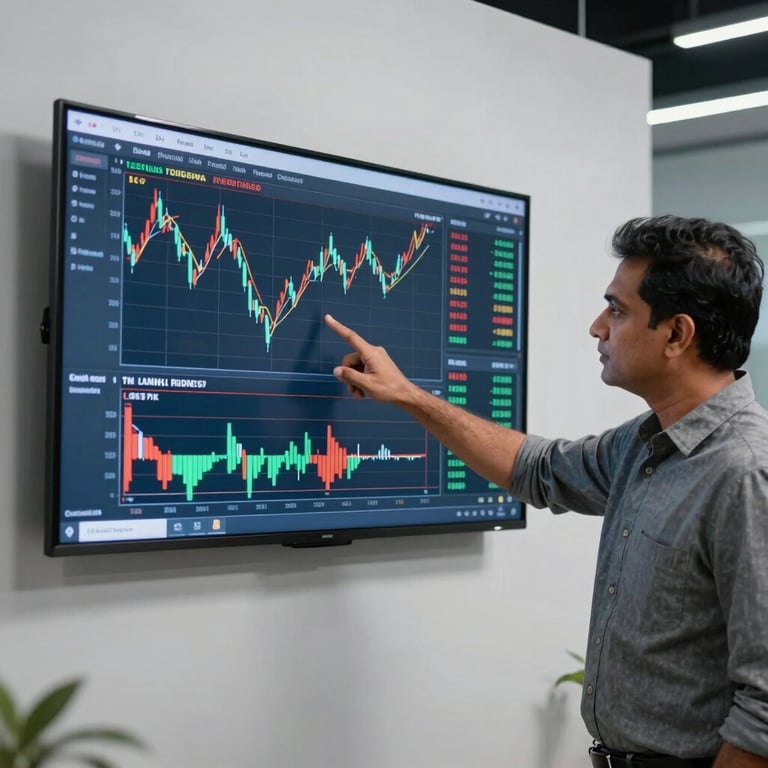 A South Asian trading mentor pointing at a large wall-mounted screen showing professional trading charts in a sleek studio environment.
