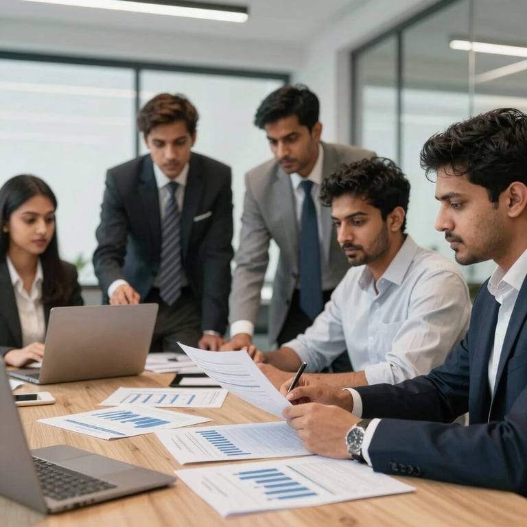 A group of young South Asian professionals in a modern boardroom collaborating on financial market analysis.