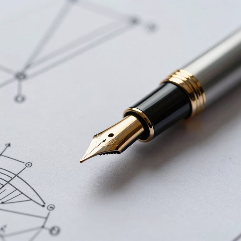 Detail of a gold fountain pen resting on a technical analysis report, illuminated by soft, professional office lighting.