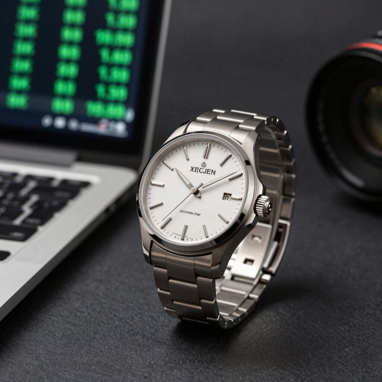 Macro shot of a luxury watch next to a laptop displaying green financial tickers, set against a dark, professional desk.