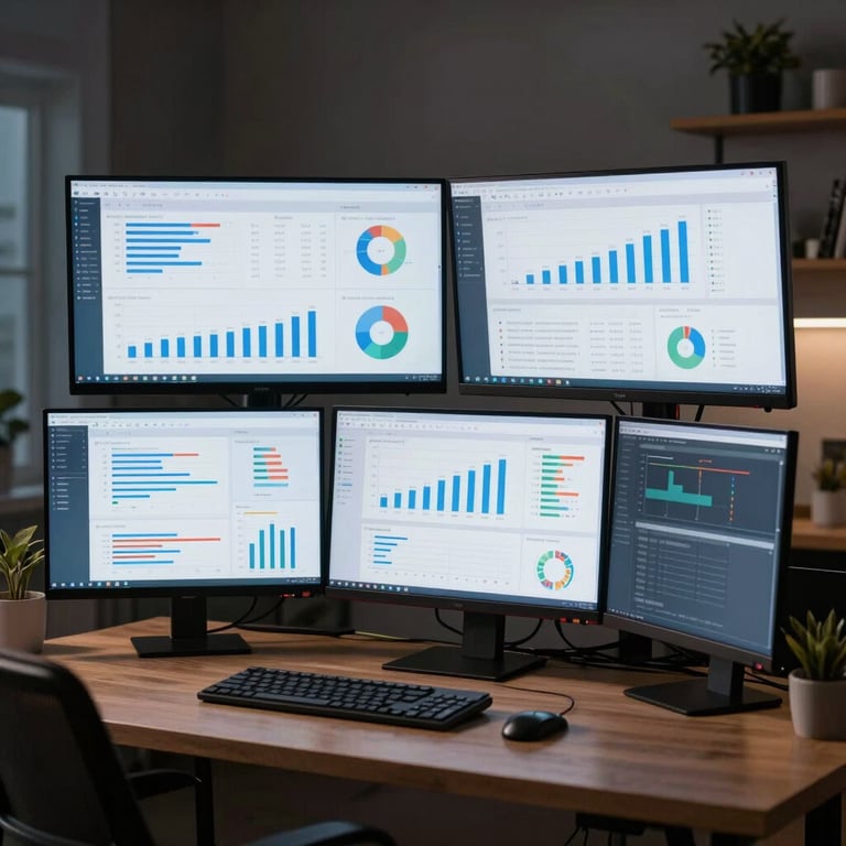 A multi-monitor setup in a modern Indian home office, glowing with charts and data in a darkened room.