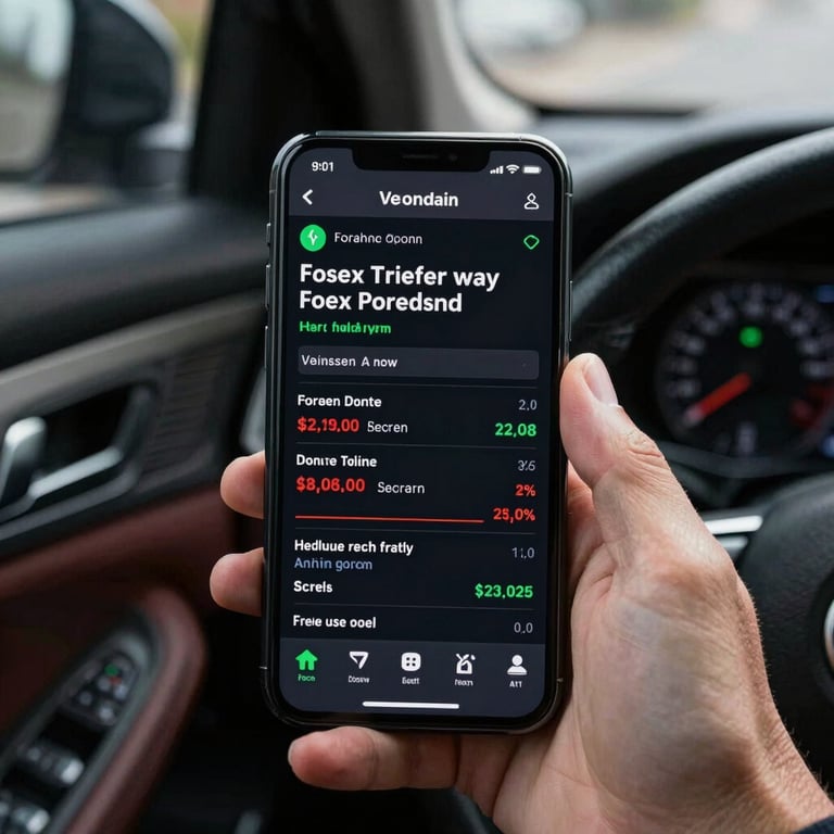 A first-person view of a smartphone displaying a successful Forex trade inside the leather interior of a premium car.