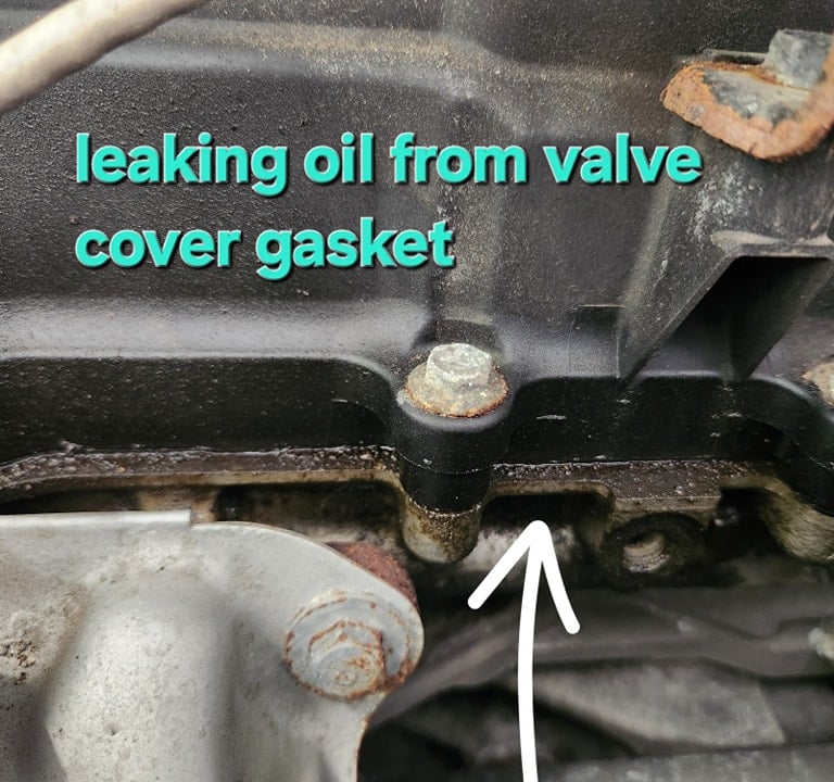 Mechanic showing leaking oil from valve cover gasket at Winston's Complete Auto Care in Cuyahoga Falls, Ohio