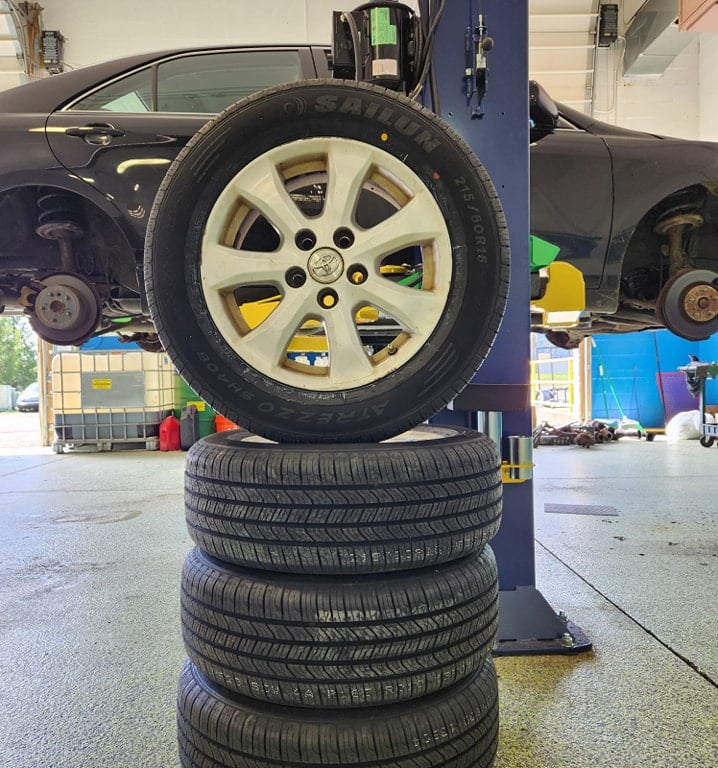 New tires being installed on a Toyota at Winston's Complete Auto Care in Cuyahoga Falls, Ohio