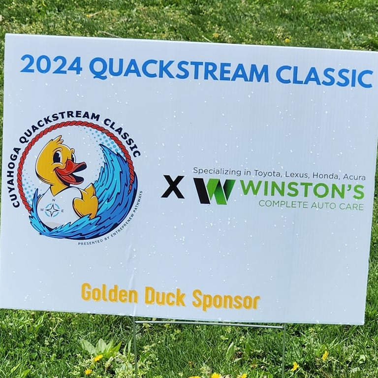 Sponsor of 2024 Quack Stream Benefit with sign at Winston's Complete Auto Care in Cuyahoga Falls, Ohio.