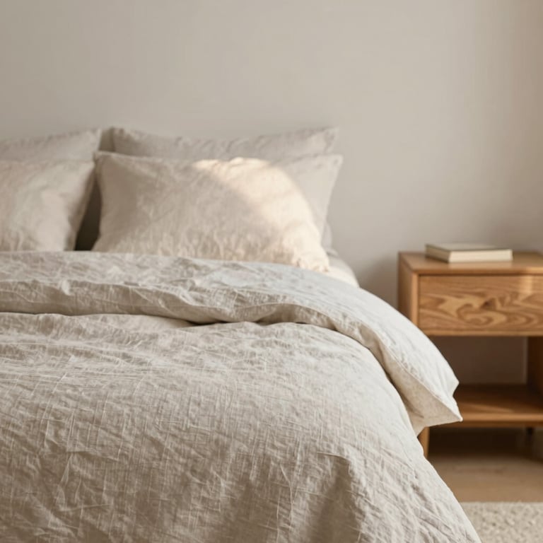 Straight-on detail shot of a styled bedroom, rumpled neutral linen sheets, soft oak bedside table, warm diffused morning light, shallow depth of field.