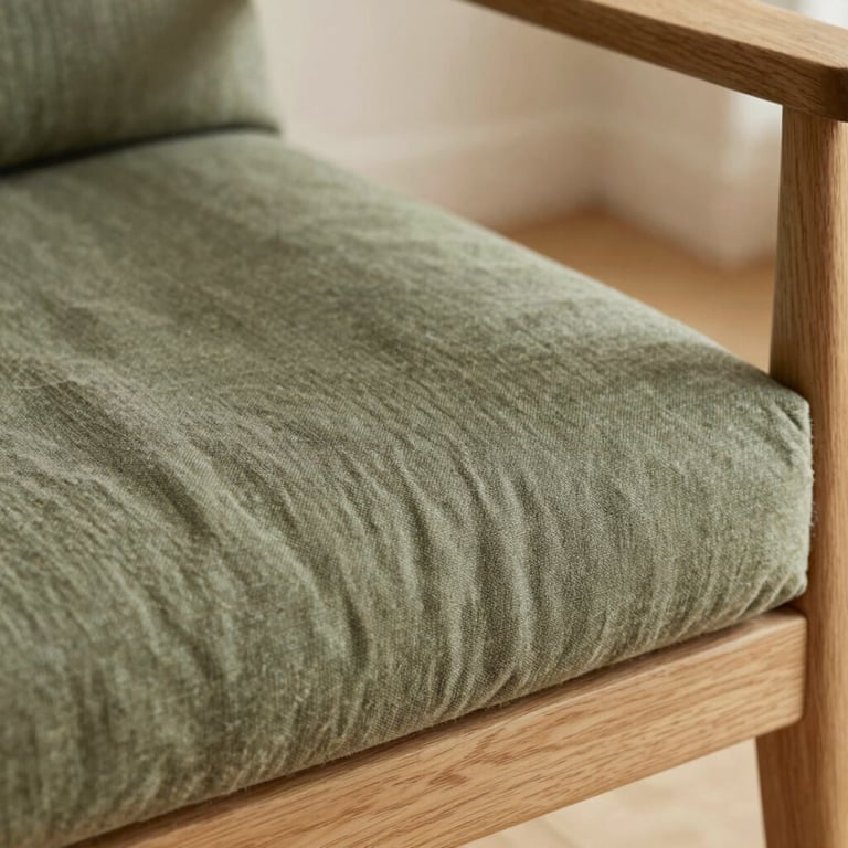 Close-up detail shot of tactile textures, olive green linen cushion resting on a light oak chair, soft morning daylight, warm editorial style.