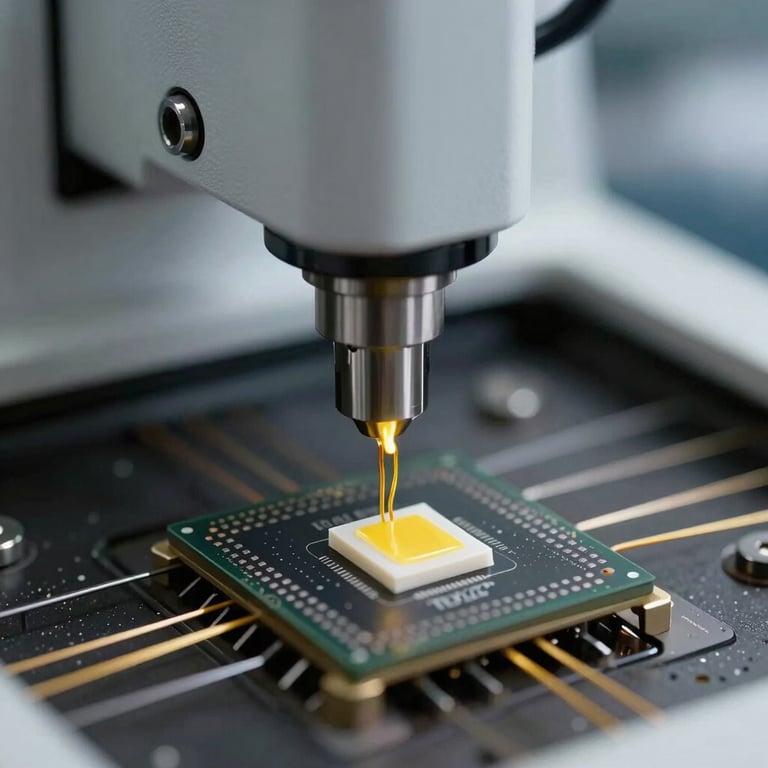 Close-up of a high-precision automatic wire bonding machine in action, golden wires being placed on an LED chip with microscopic precision.