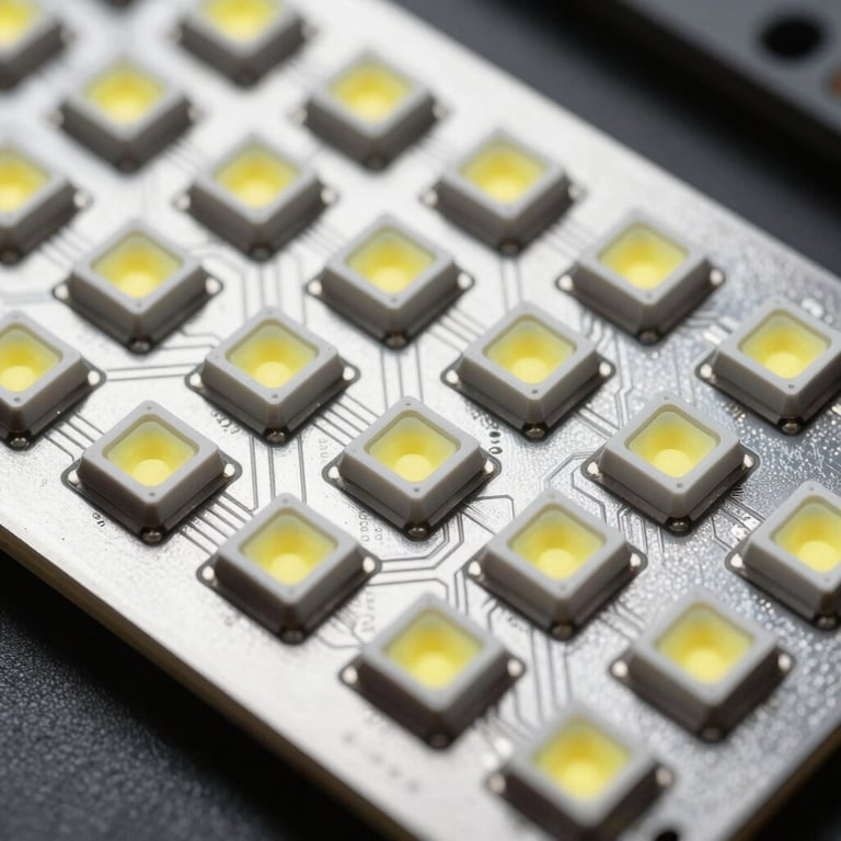 An array of SMD 2835 and 5050 LED chips on a silver circuit board, captured with macro photography in a high-tech style.
