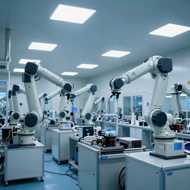 A wide shot of a modern 1000-class dust-free purification workshop in China, filled with robotic LED manufacturing arms and cool blue lighting.