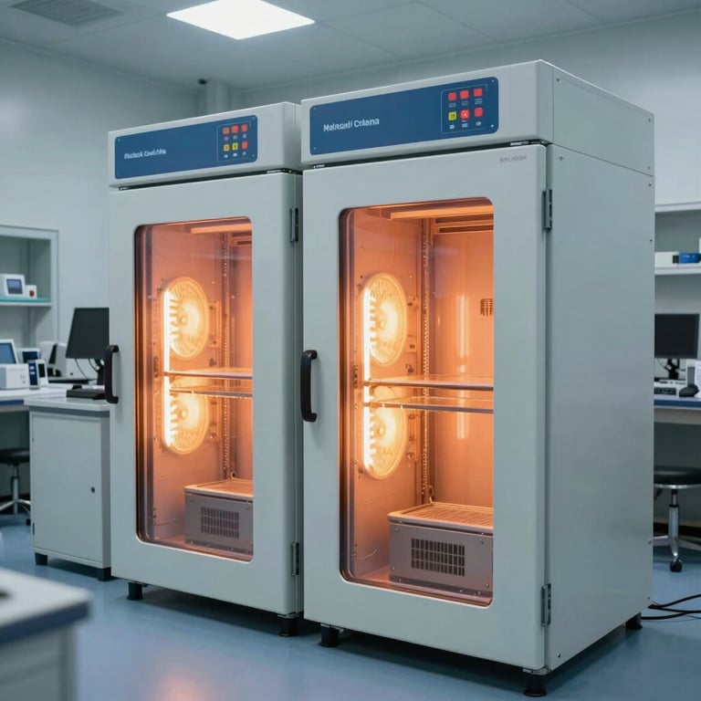 The interior of a high-tech testing laboratory featuring thermal shock and humidity test chambers, organized and professional atmosphere.