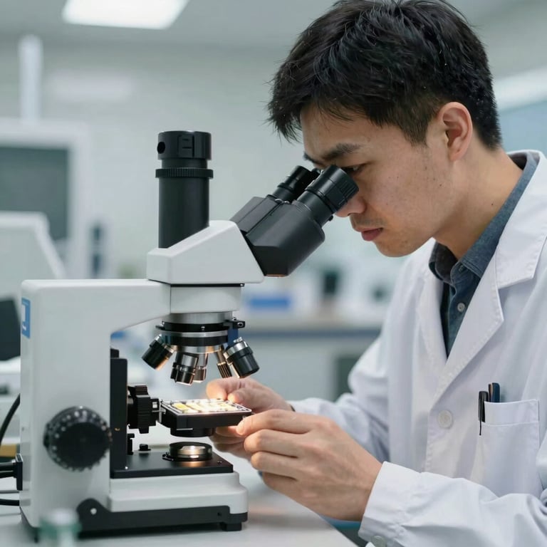 A professional East Asian quality control engineer in a lab coat inspecting LED components under a high-end digital microscope.