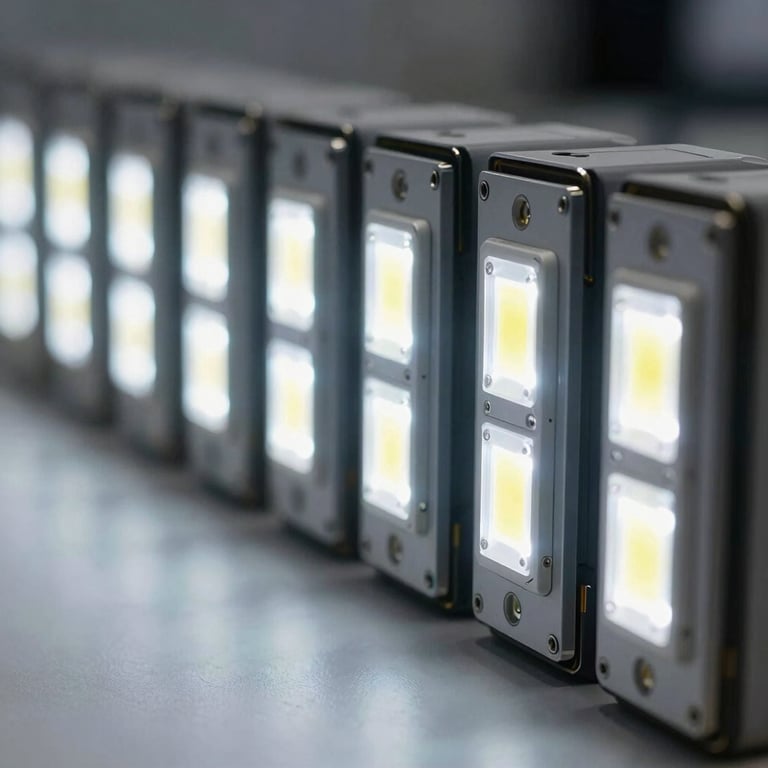 A row of finished high-power COB LED modules glowing with pure white light, showcasing the high efficiency and brightness of the product.