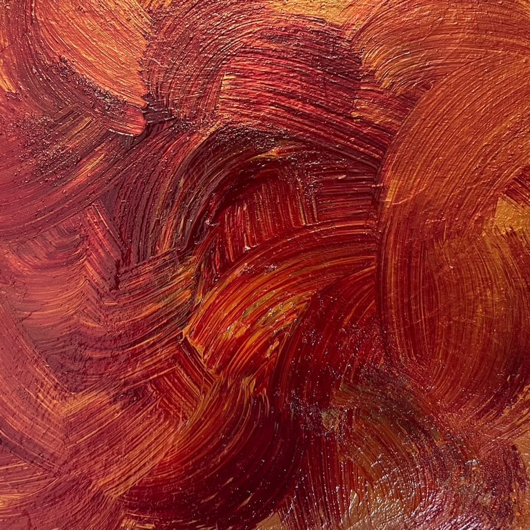  "Amber" — acrylic on block, 8×8". Abstract swirling brushwork in crimson, burnt sienna, gold.,
