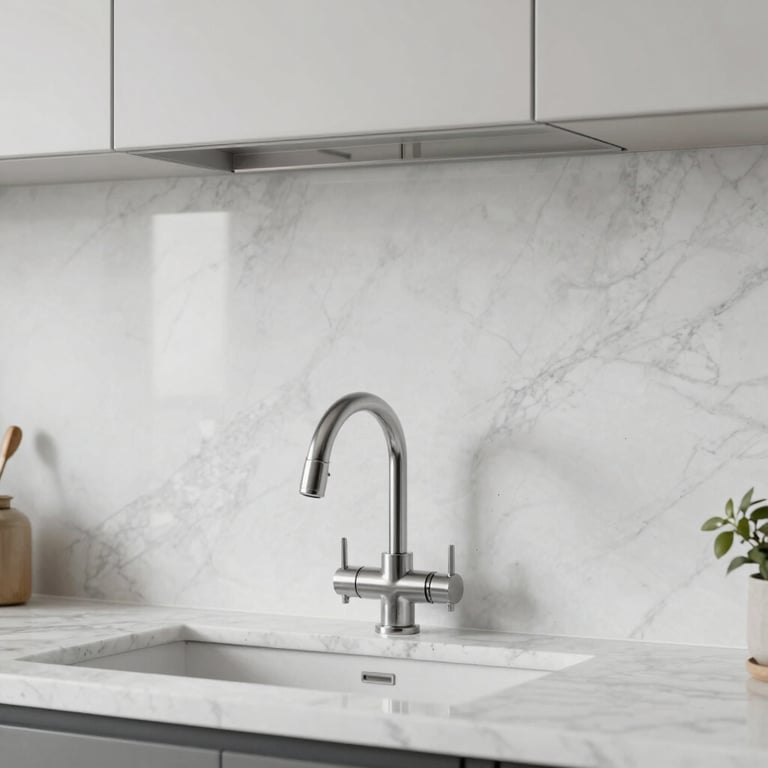 A perfectly installed white marble backsplash in a contemporary North American kitchen.