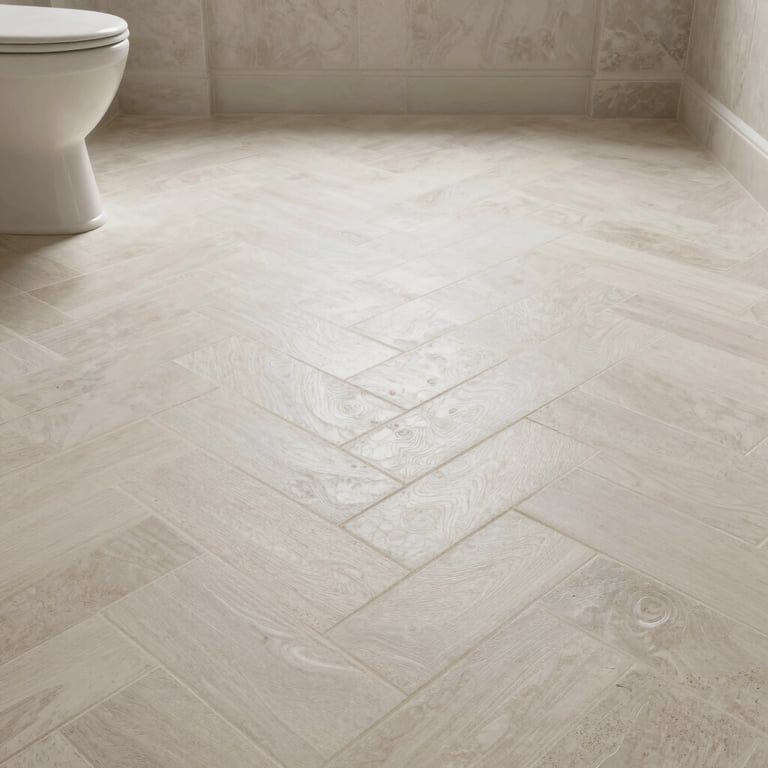 A master bathroom featuring a herringbone pattern floor with off-white stone tiles.