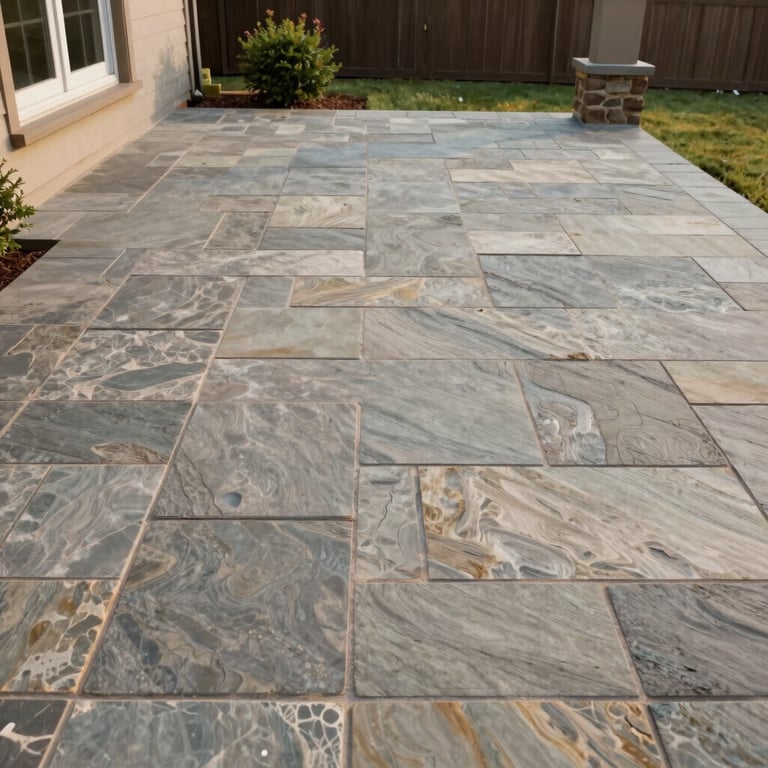 A finished outdoor patio featuring durable stone tile laying in a residential US home.