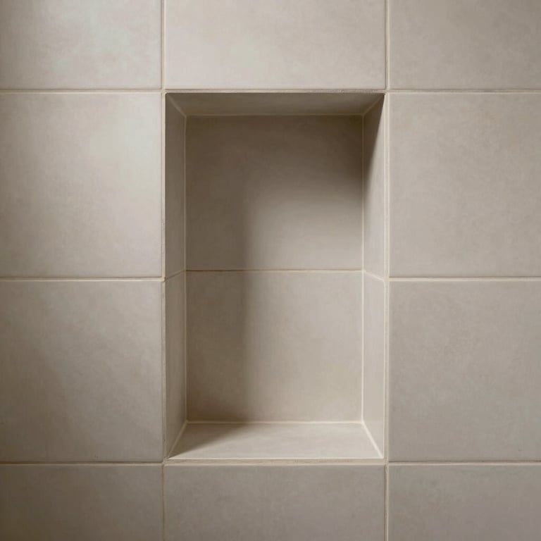 Precision cut tiles around a shower niche in a high-end remodeling project.