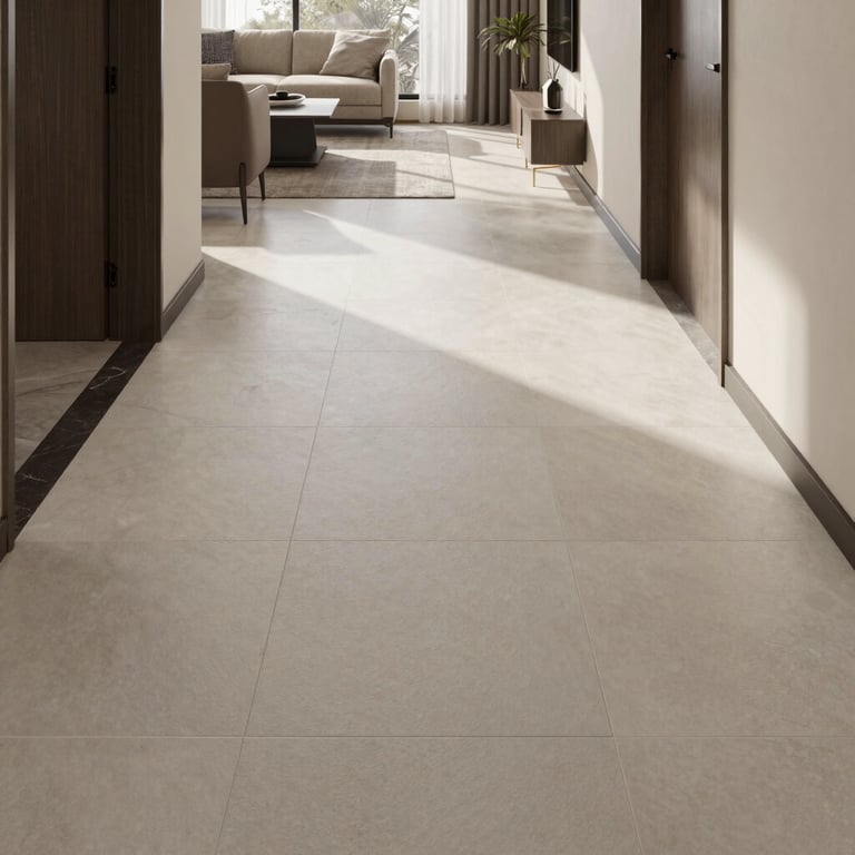 A large format porcelain tile floor in a modern sunlit living room hallway.