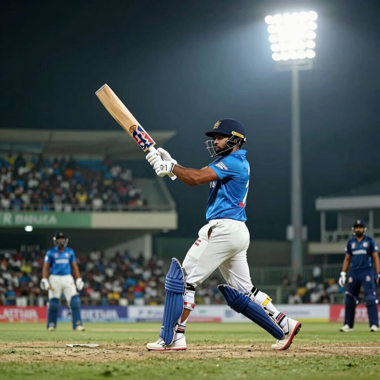 A batsman hitting a powerful shot in a packed South Asian cricket stadium under bright floodlights at night.