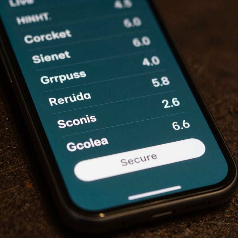 A close-up of a mobile screen showing live cricket odds and a secure login button, set against a dark teal background.