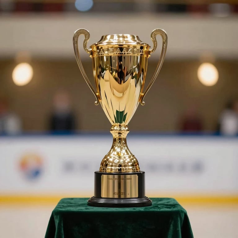 The golden championship trophy standing elegantly on a velvet dark green pedestal with soft bokeh lights in the background.