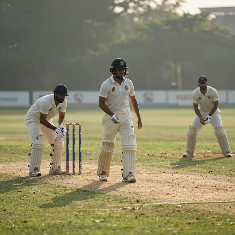 A professional cricket pitch preparation at sunrise in India, reflecting the high standards and dedication of the sport.