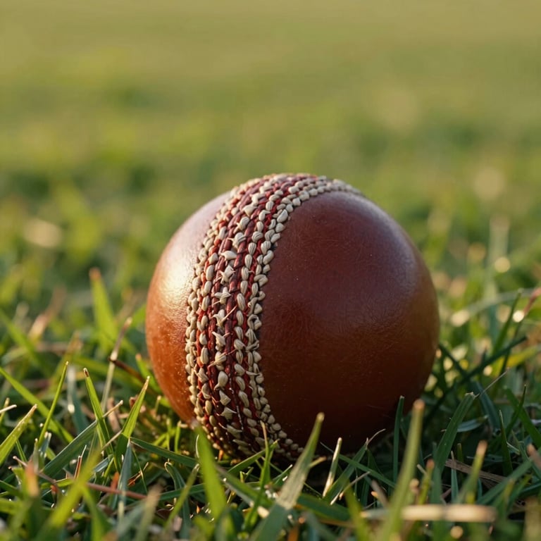 A premium leather cricket ball resting on pristine green grass with golden hour sunlight hitting the seam.