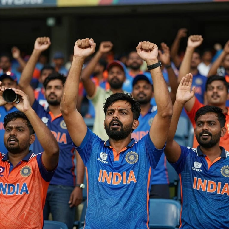 Enthusiastic cricket fans cheering in an Indian stadium, wearing team colors, with a vibrant and exciting atmosphere.