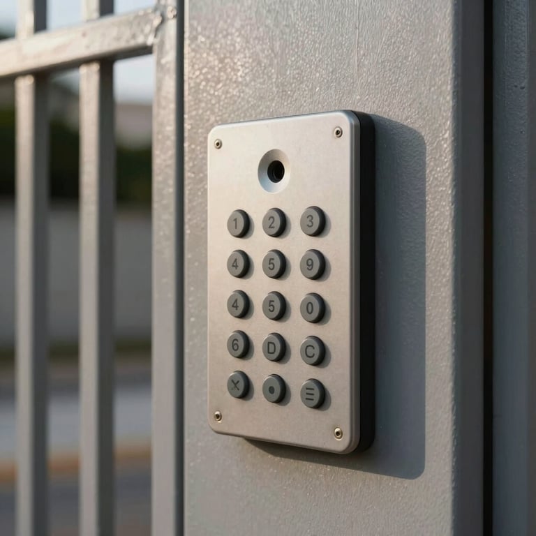 Detailed view of a modern intercom panel installed at a stylish Brazilian gate, daytime, clean architecture.