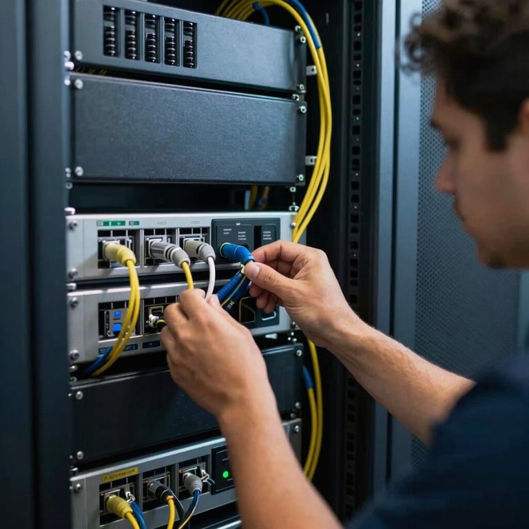 A South American / Brazilian technician neatly organizing cables in a high-end security system server rack, professional lighting, dark blue accents.