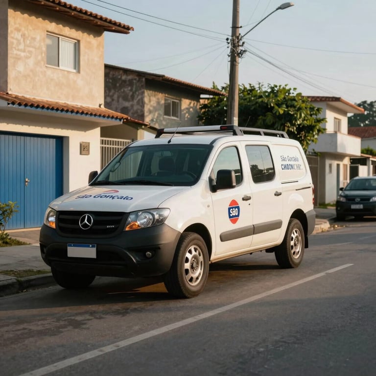 A professional service vehicle parked in a residential neighborhood in São Gonçalo, Brazilian street scene, clear morning light.