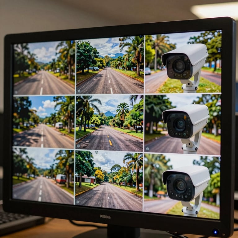 Technical view of a security camera monitor displaying high-quality outdoor feeds, South American / Brazilian setting, secure atmosphere.